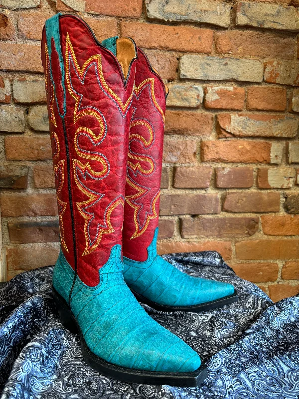 Dingo Women's Royale Matilda Red & Turquoise Caiman Print Snip Toe Tall Cowgirl Boots DI209