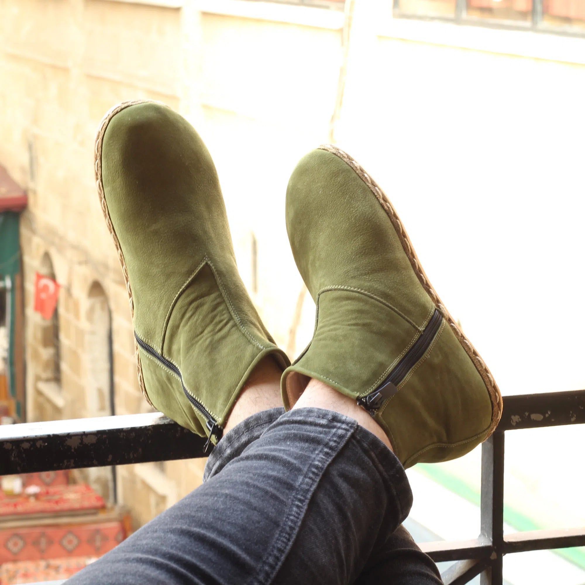 Genuine Leather Barefoot Men's Green Zippered Short Boots